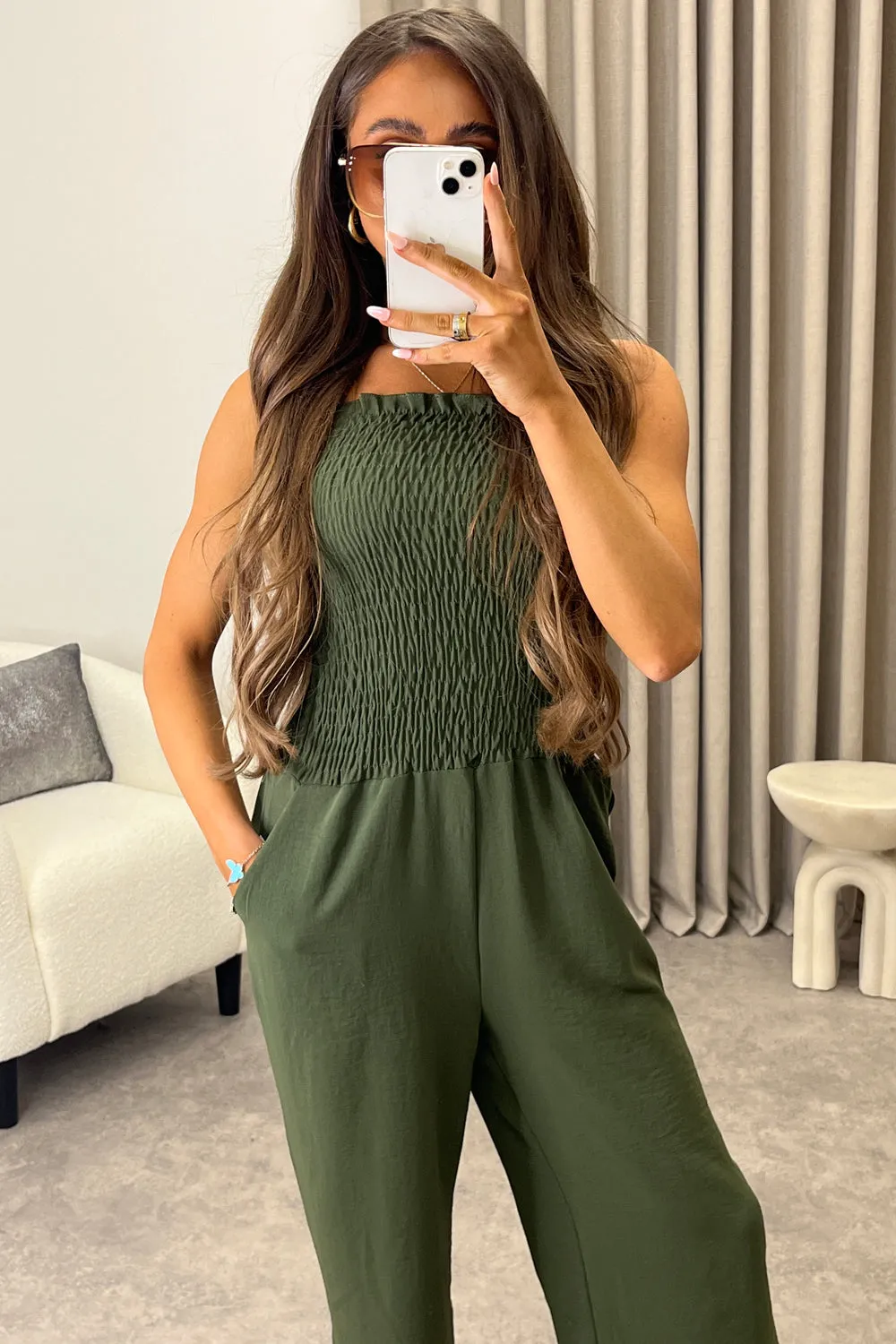 Jules Khaki Shirred Bandeau Wide Leg Jumpsuit sold by Lasula product image thumbnail 4