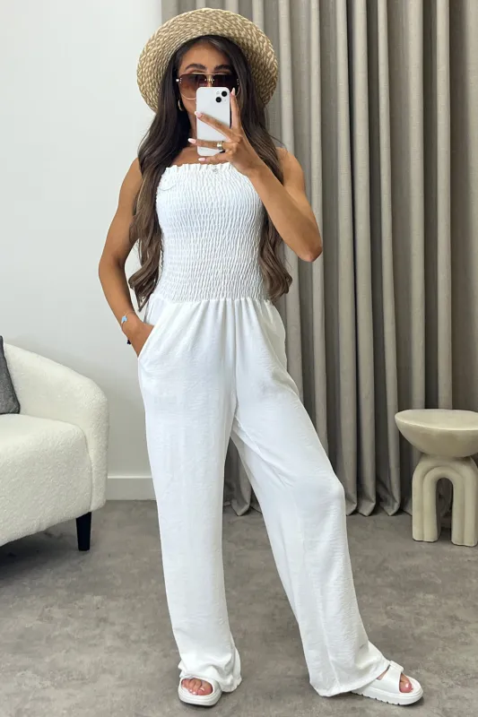 Jules White Shirred Bandeau Wide Leg Jumpsuit sold by Lasula