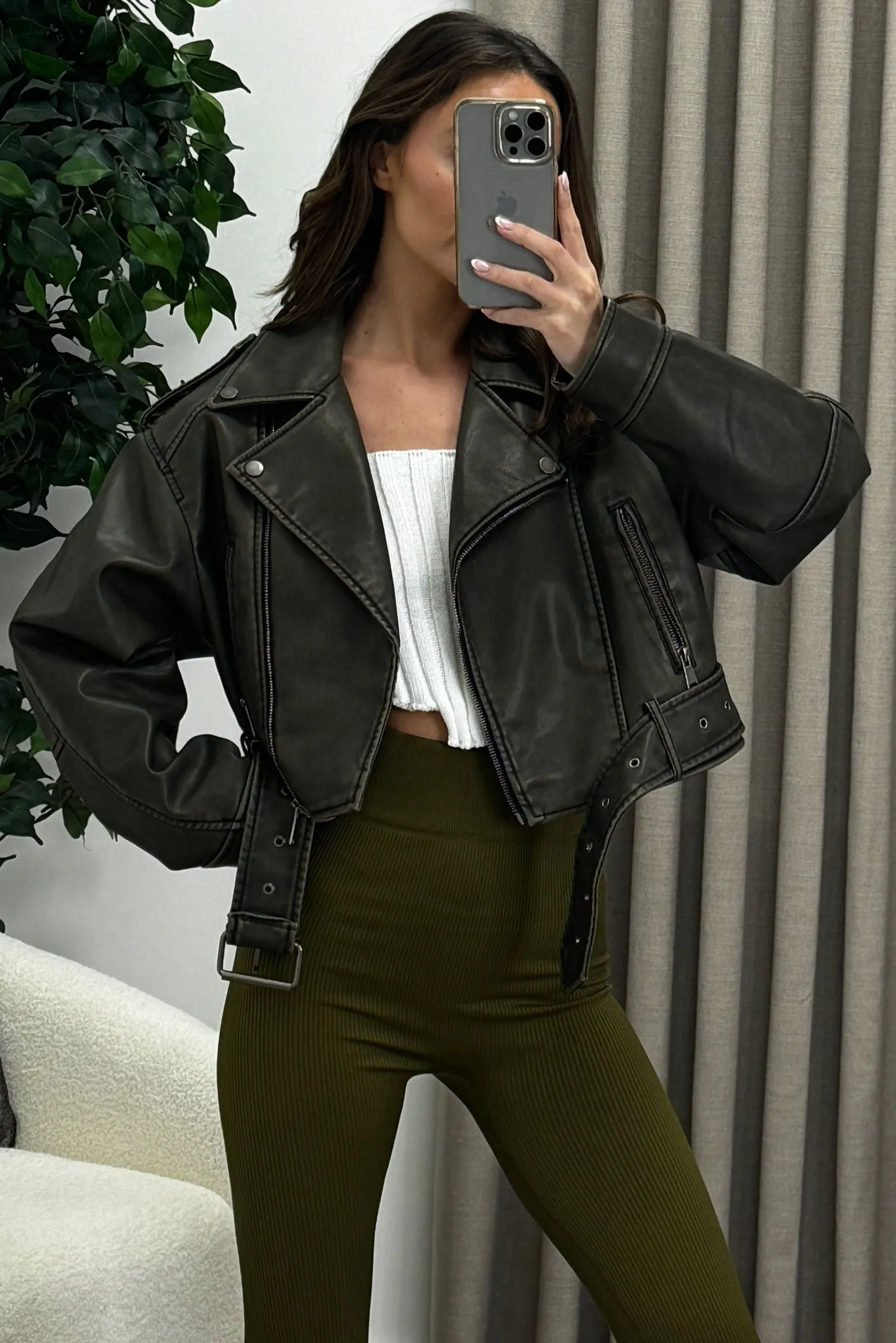 Imane Khaki Washed Faux Leather PU Zip Up Belted Cropped Biker Jacket sold by Lasula product image thumbnail 2