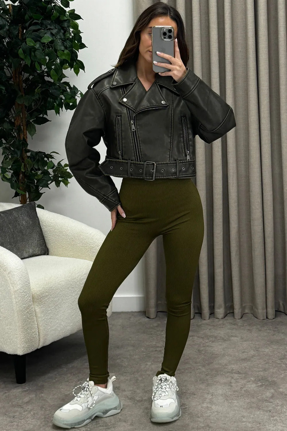 Imane Khaki Washed Faux Leather PU Zip Up Belted Cropped Biker Jacket sold by Lasula product image thumbnail 4