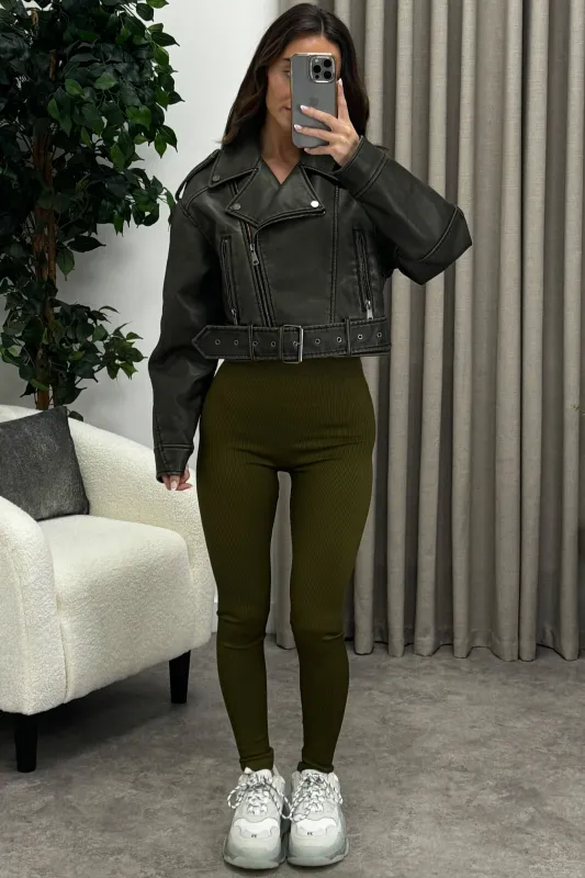 Imane Khaki Washed Faux Leather PU Zip Up Belted Cropped Biker Jacket sold by Lasula