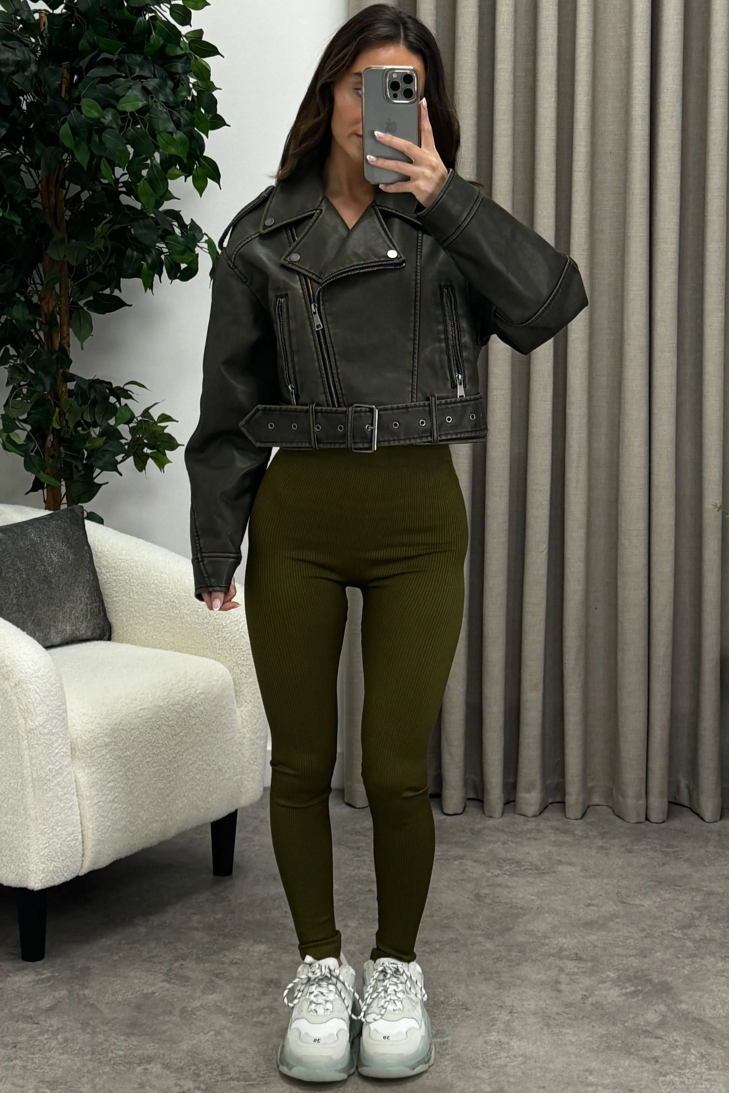 Imane Khaki Washed Faux Leather PU Zip Up Belted Cropped Biker Jacket sold by Lasula