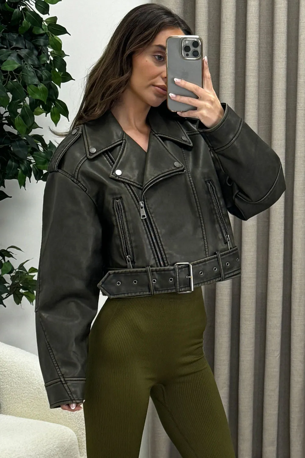 Imane Khaki Washed Faux Leather PU Zip Up Belted Cropped Biker Jacket sold by Lasula product image thumbnail 3