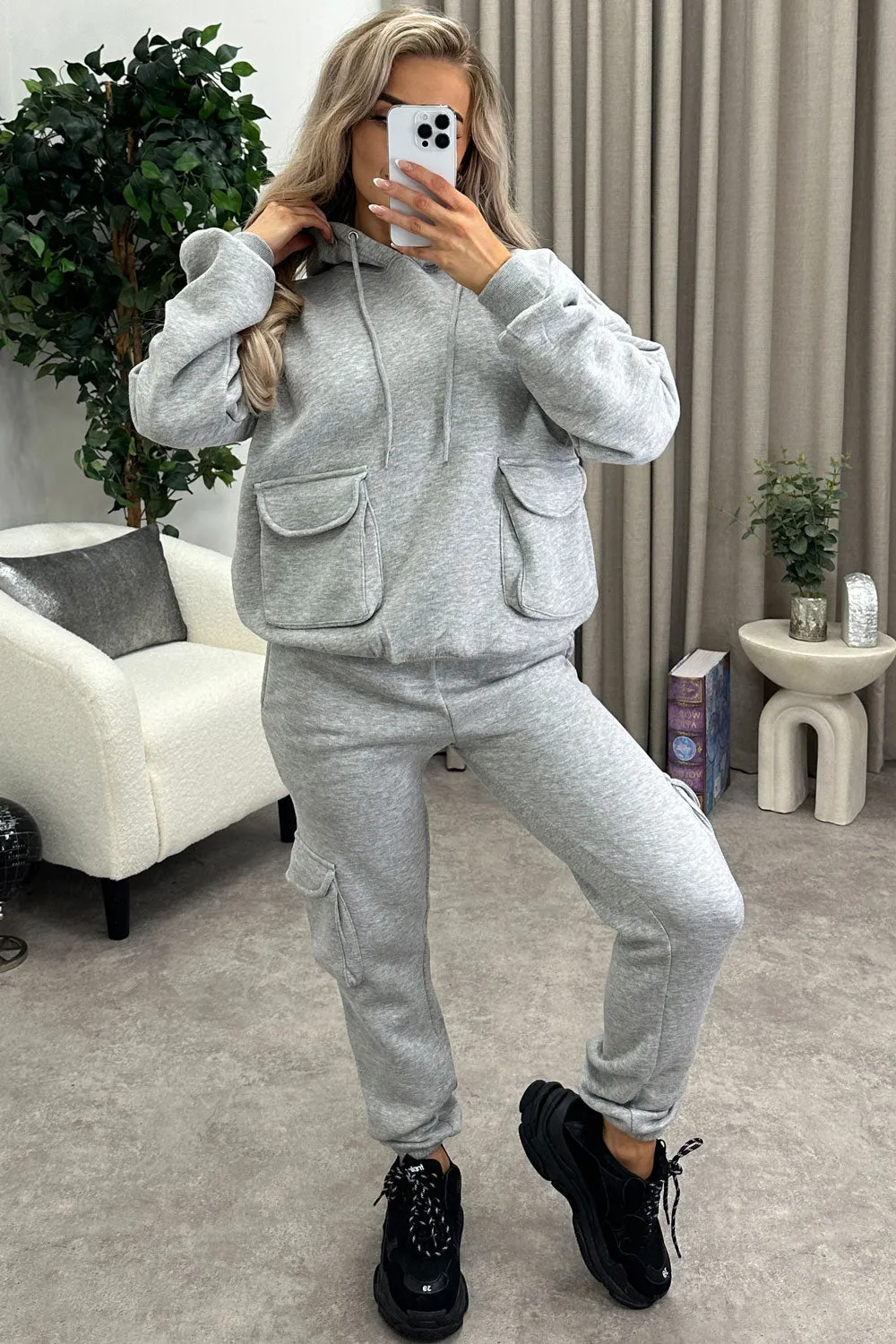 Amani Grey Utility Cargo Pocket Oversized Hoodie and Joggers Tracksuit Set sold by Lasula