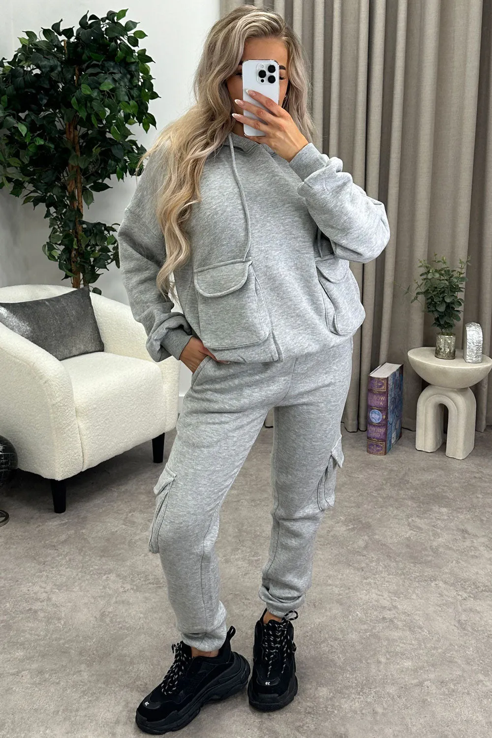 Amani Grey Utility Cargo Pocket Oversized Hoodie and Joggers Tracksuit Set sold by Lasula product image thumbnail 2