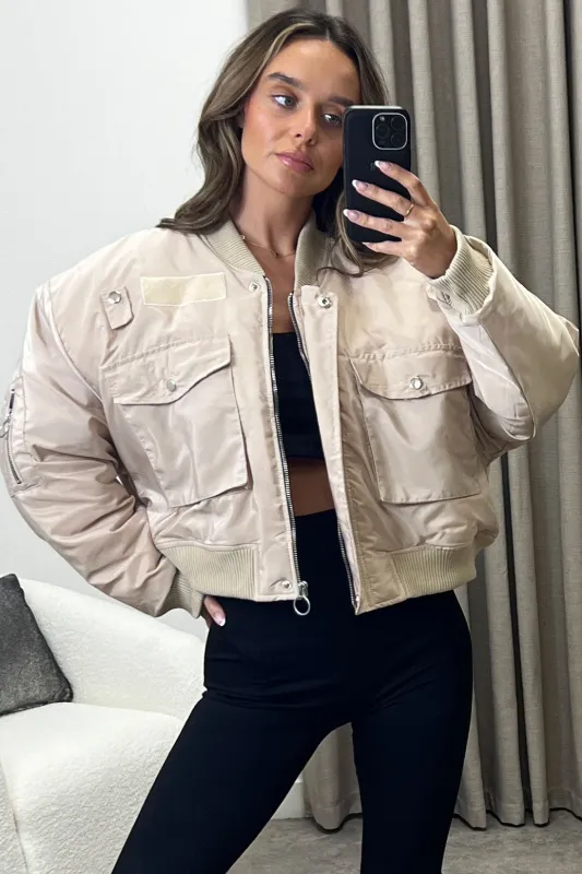 Elka Beige Utility Pocket Oversized Bomber Jacket made by Lasula