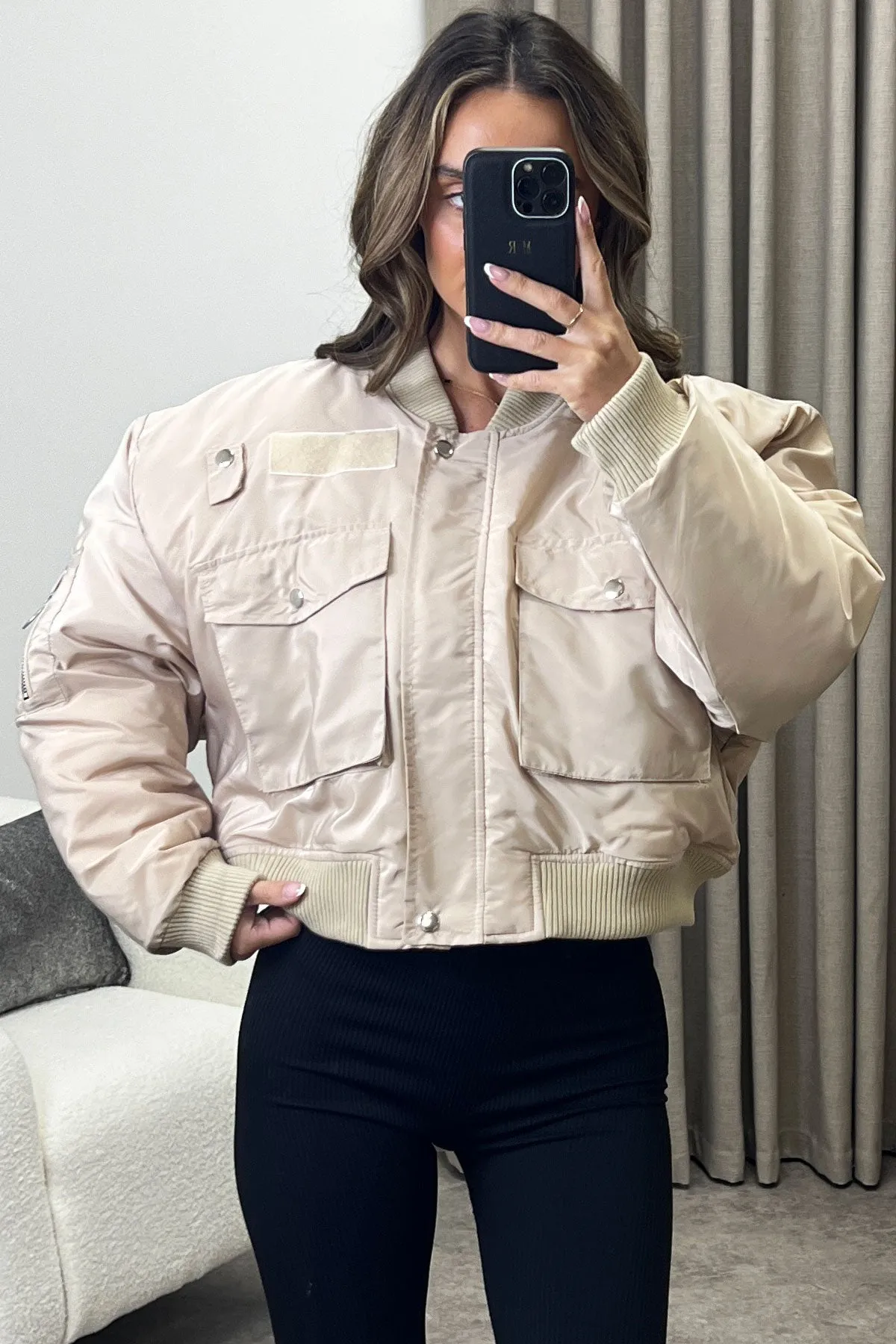 Elka Beige Utility Pocket Oversized Bomber Jacket sold by Lasula product image thumbnail 3