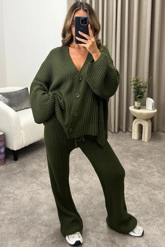 Mandi Khaki Ribbed Knit Cardigan and Trousers Loungewear Set sold by Lasula