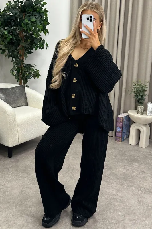 Mandi Black Ribbed Knit Cardigan and Trousers Loungewear Set sold by Lasula
