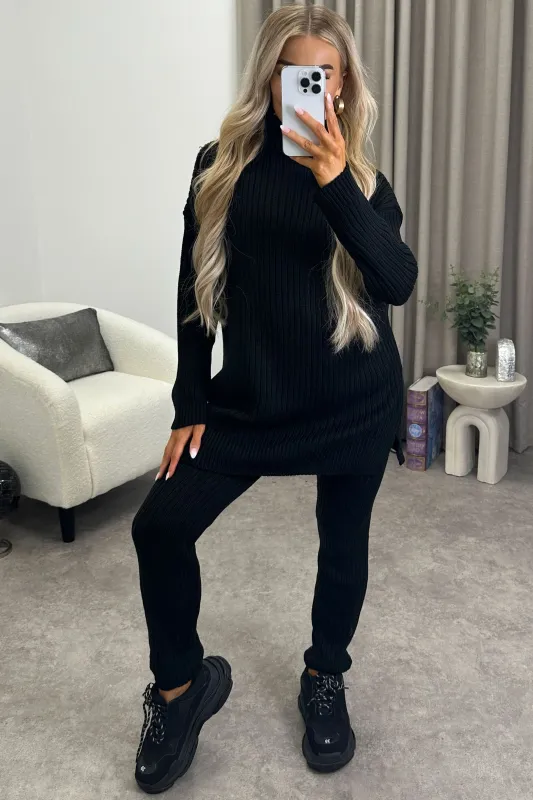 Juniper Black Oversized Roll Neck Knitted Co-Ord sold by Lasula