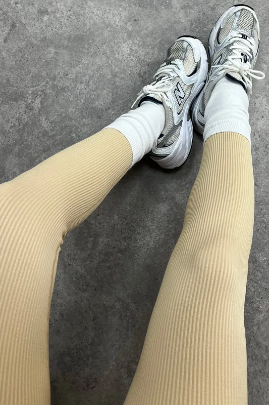 Megs Beige Ribbed High Waisted Gym Leggings sold by Lasula