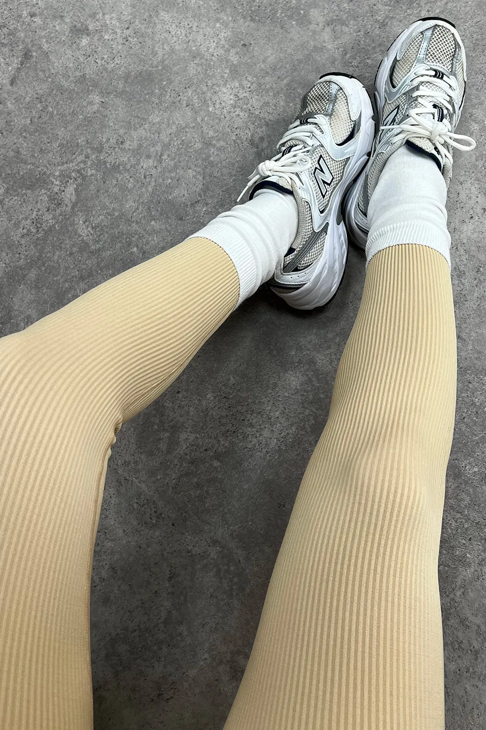 Madelyn Beige Ribbed Cropped Bralet and Leggings Gym Set sold by Lasula product image thumbnail 5