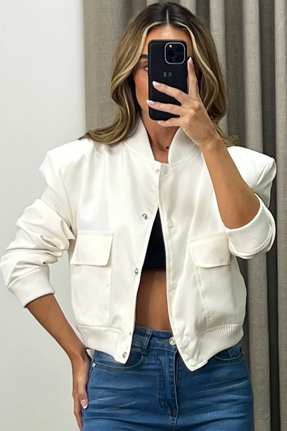 Kienna White Pocket Detail Cropped Cargo Bomber Jacket sold by Lasula product image thumbnail 2