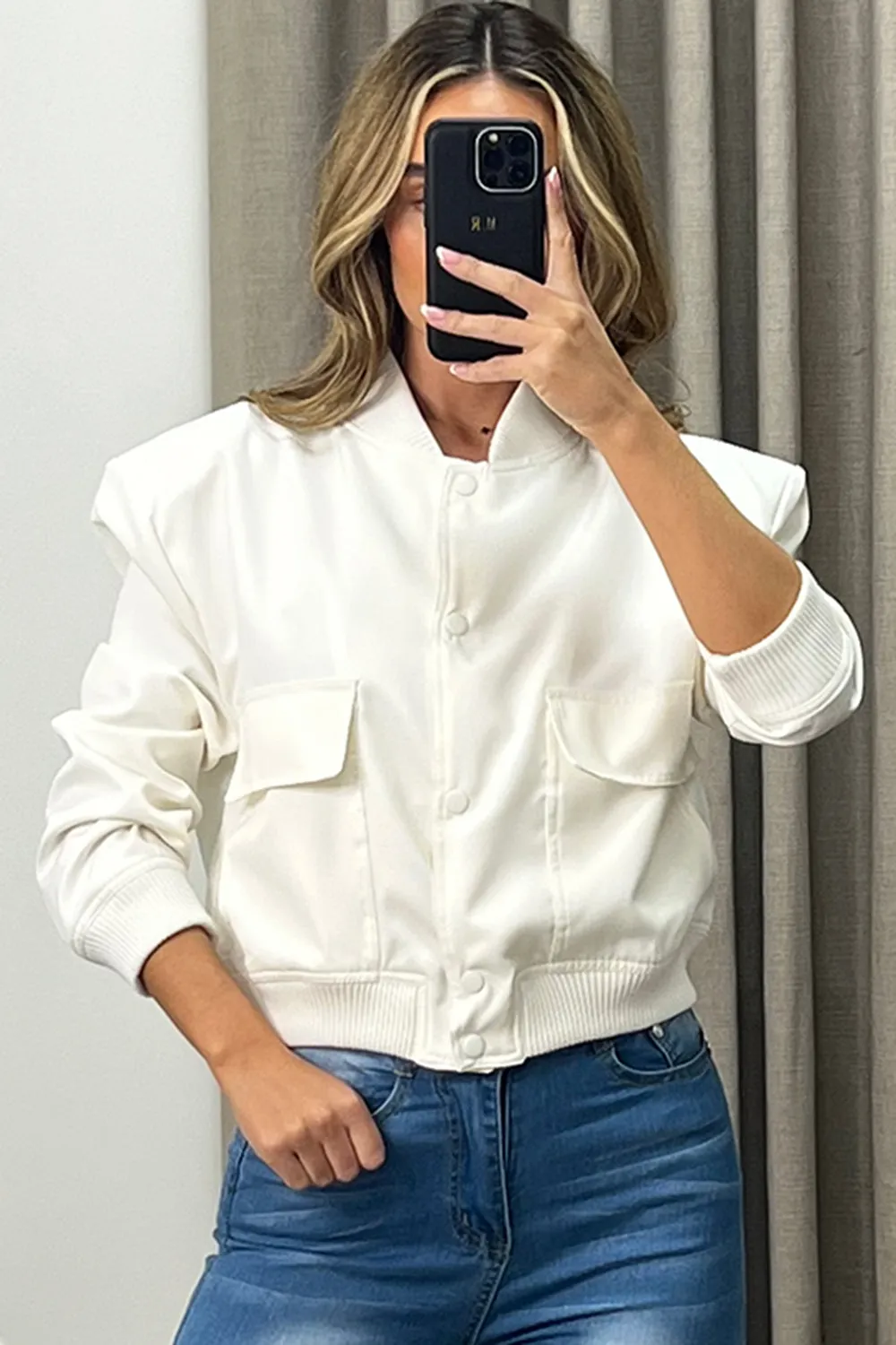 Kienna White Pocket Detail Cropped Cargo Bomber Jacket sold by Lasula product image thumbnail 4
