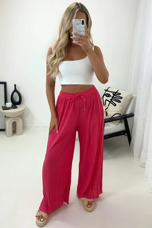 Zoelle Hot Pink Pleated Plisse High Waisted Wide Leg Trousers sold by Lasula