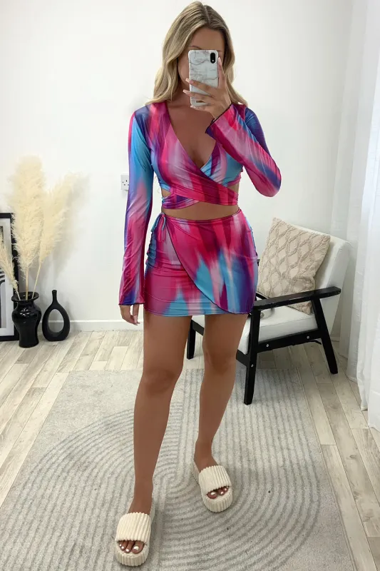 Kerrie Multi Printed Tie Front Crop Top and Mini Skirt Co-Ord Set sold by Lasula