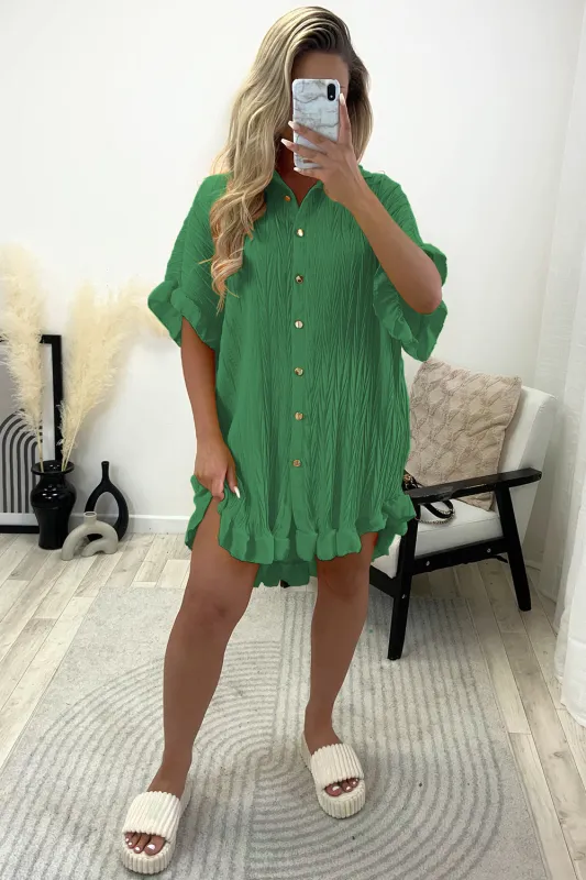 Macie Dark Green Textured Frill Hem Button Up Shirt Dress sold by Lasula