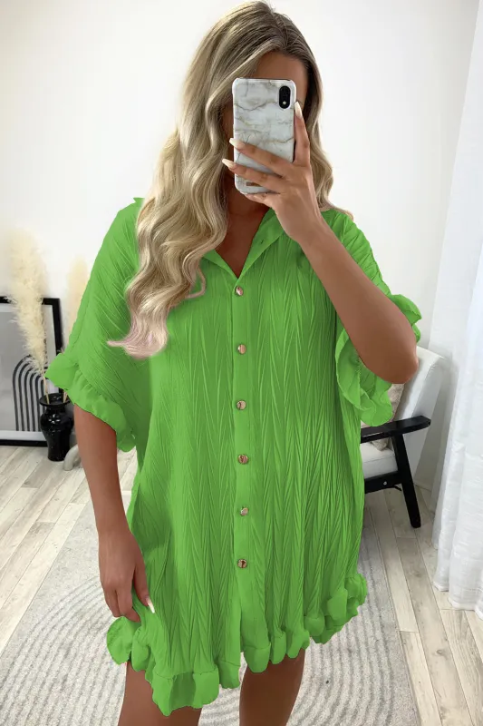 Macie Green Textured Frill Hem Button Up Shirt Dress sold by Lasula