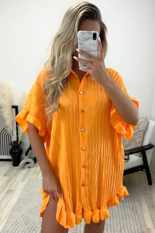 Macie Orange Textured Frill Hem Button Up Shirt Dress sold by Lasula