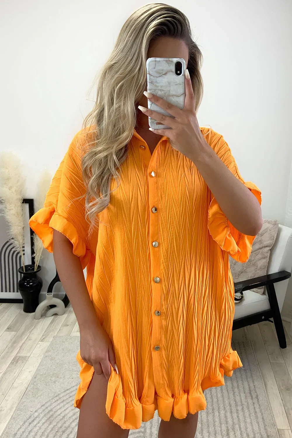 Macie Orange Textured Frill Hem Button Up Shirt Dress sold by Lasula