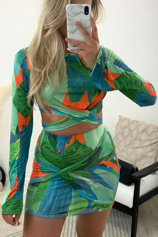 Sonia Green and Orange Printed Wrap Top and Knot Skirt Co-Ord Set sold by Lasula