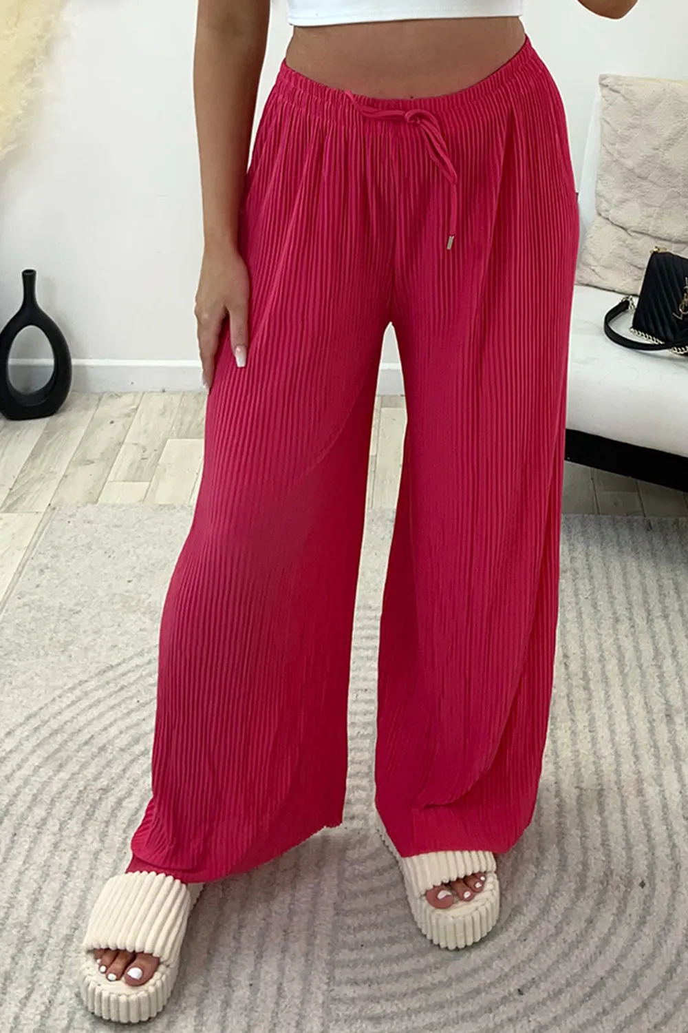 Tanya Hot Pink Plisse High Waisted Drawstring Wide Leg Trousers sold by Lasula product image thumbnail 2