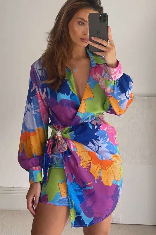 Kaitlyn Blue Multi Floral Print Satin Wrap Dress sold by Lasula