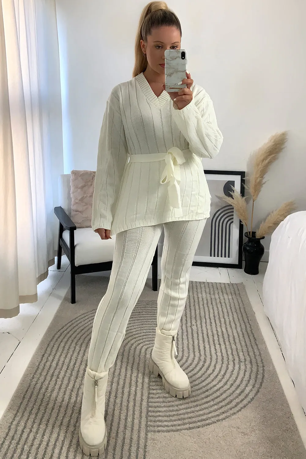 Jolie Cream Rib Belted Top and Leggings Knitted Co-Ord Set sold by Lasula product image thumbnail 3