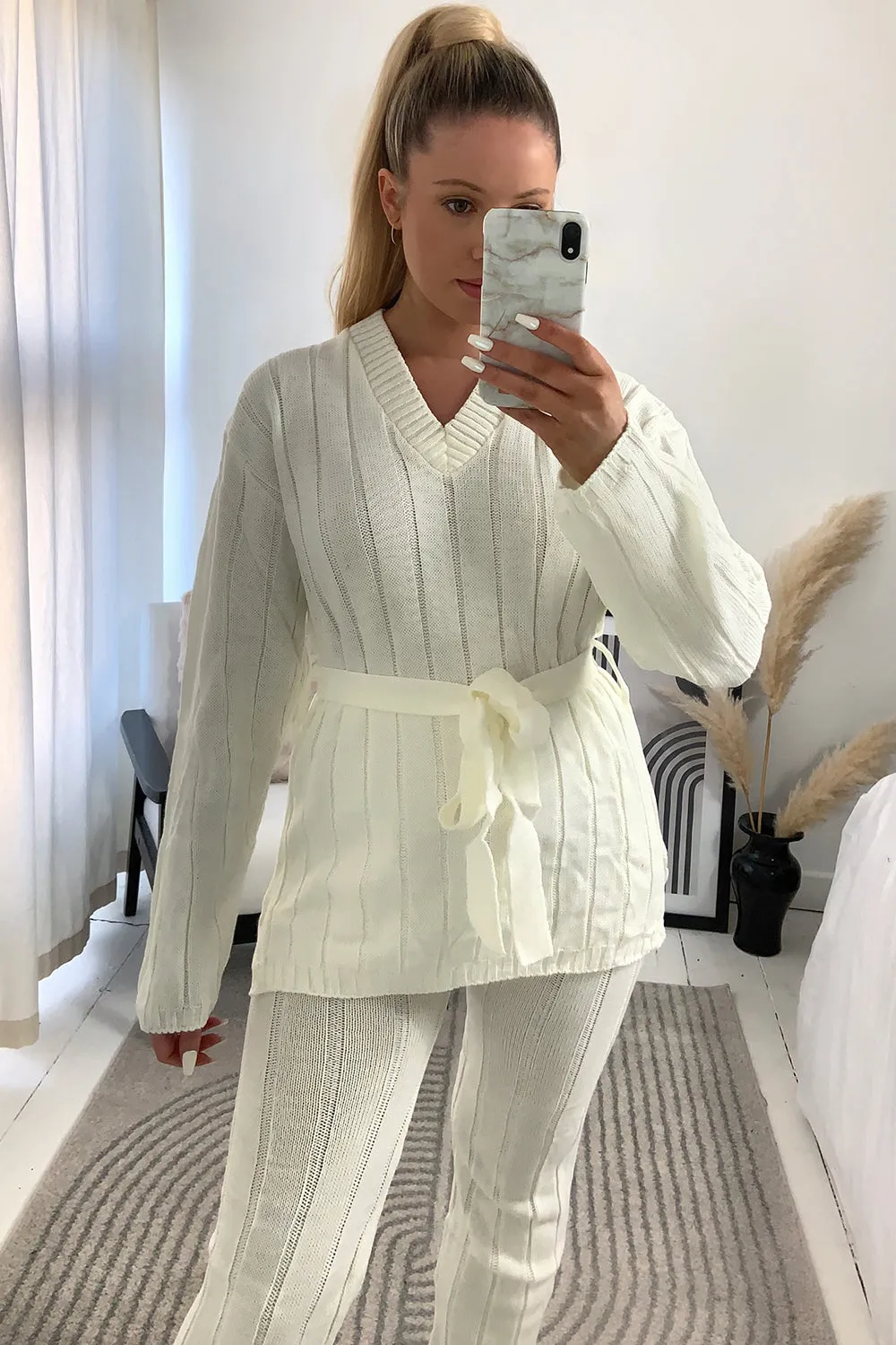 Jolie Cream Rib Belted Top and Leggings Knitted Co-Ord Set sold by Lasula product image thumbnail 2