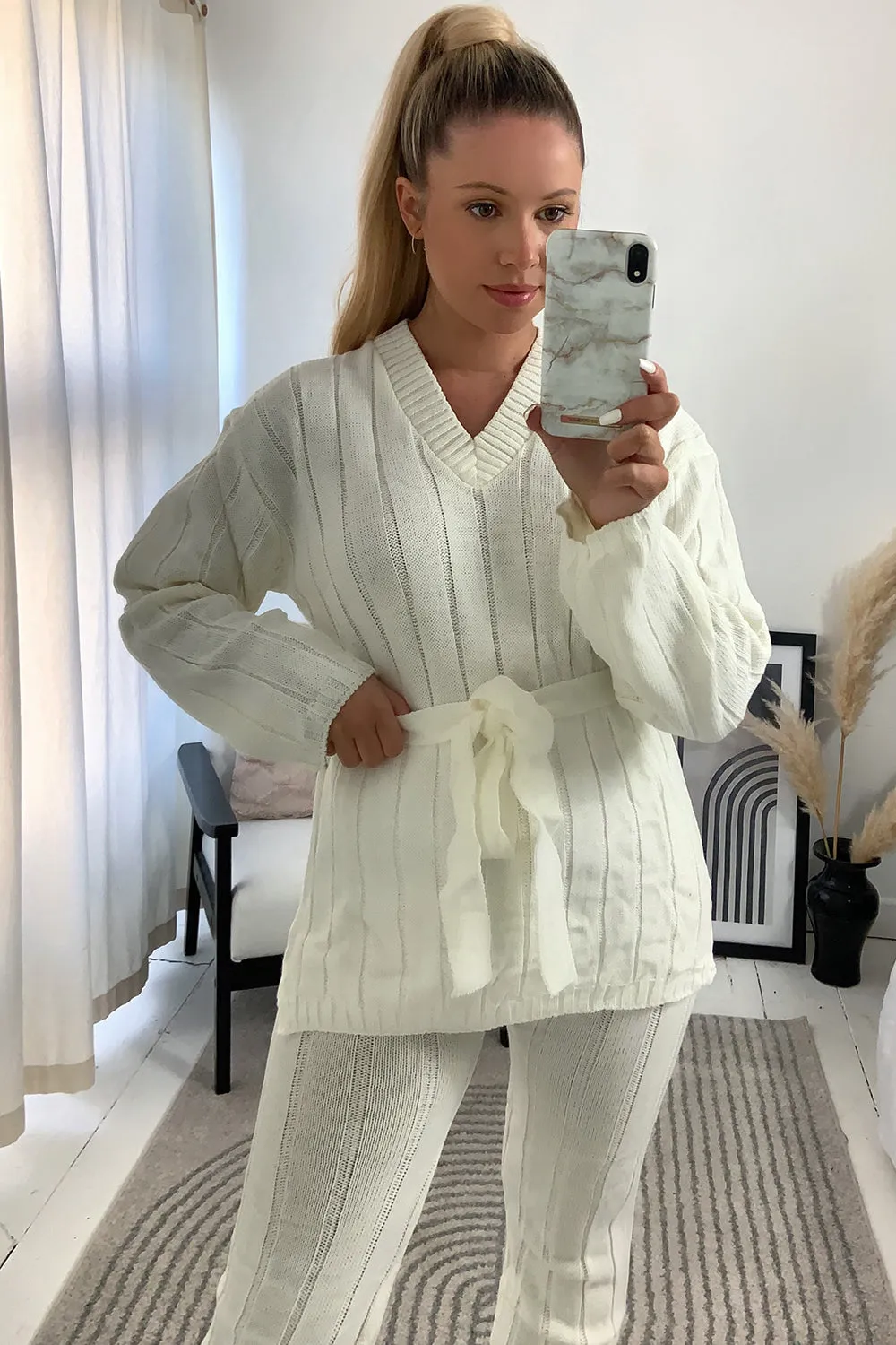 Jolie Cream Rib Belted Top and Leggings Knitted Co-Ord Set sold by Lasula product image thumbnail 4