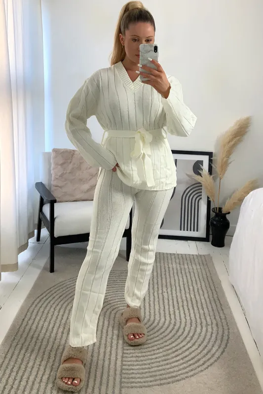 Jolie Cream Rib Belted Top and Leggings Knitted Co-Ord Set sold by Lasula