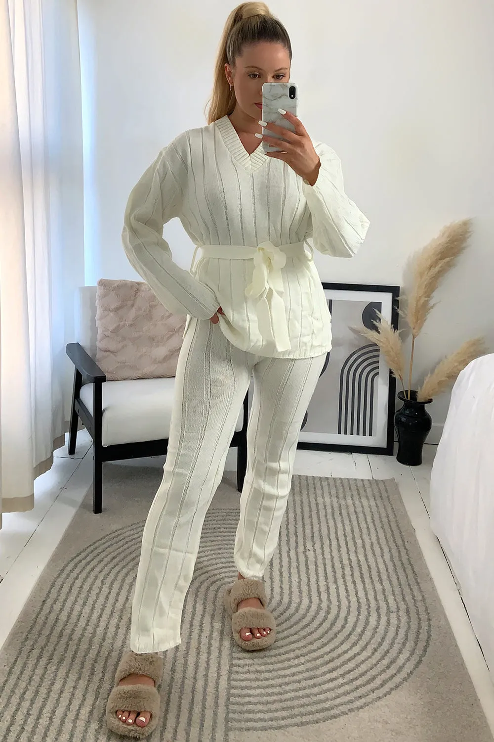 Jolie Cream Rib Belted Top and Leggings Knitted Co-Ord Set sold by Lasula