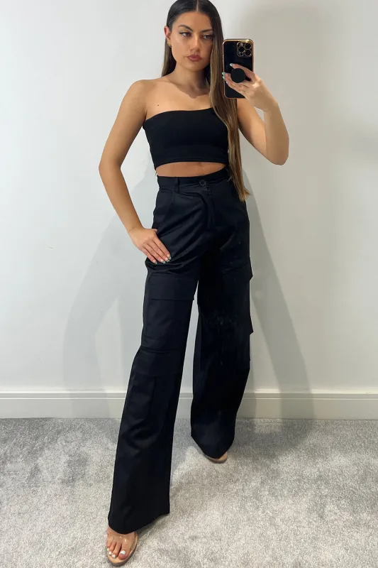 Larnie Black Double Pocket Wide Leg Cargo Trousers made by Lasula