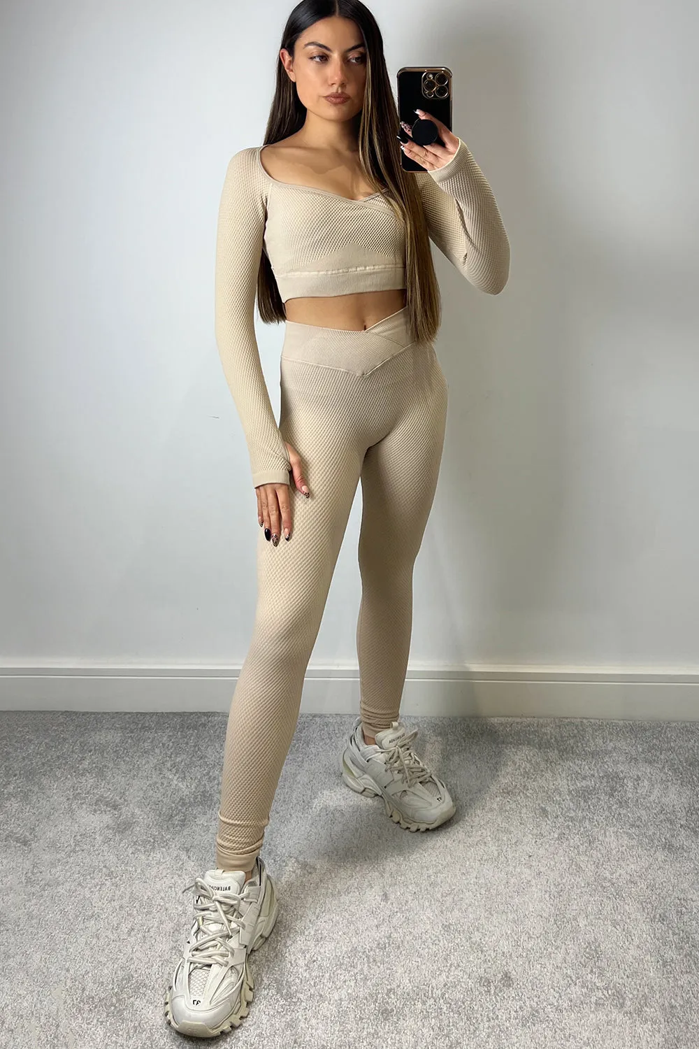 Kallie Beige Textured Wrap Over Gym Crop Top sold by Lasula product image thumbnail 2