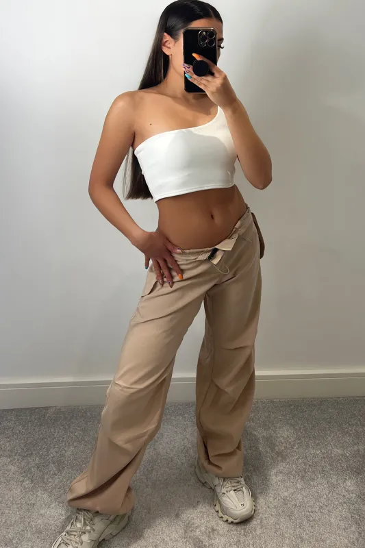 Lena Beige Low Rise Wide Leg Parachute Cargo Trousers sold by Lasula