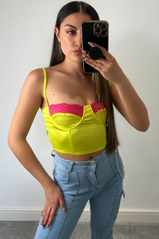 Jaynie Lime Green Contrast Lace Satin Corset Crop Top sold by Lasula