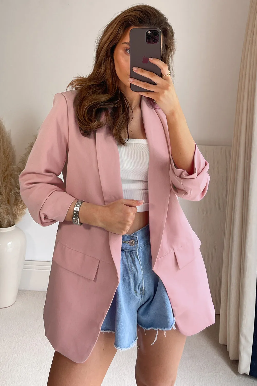Hope Blush Pink Ruched Sleeve Oversized Tailored Blazer sold by Lasula product image thumbnail 3