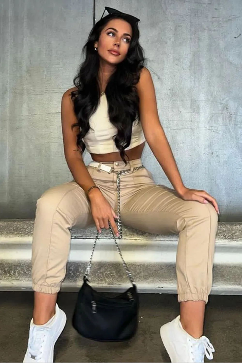 Ruby Beige Chain Detail Skinny Cargo Trousers sold by Lasula product image thumbnail 2