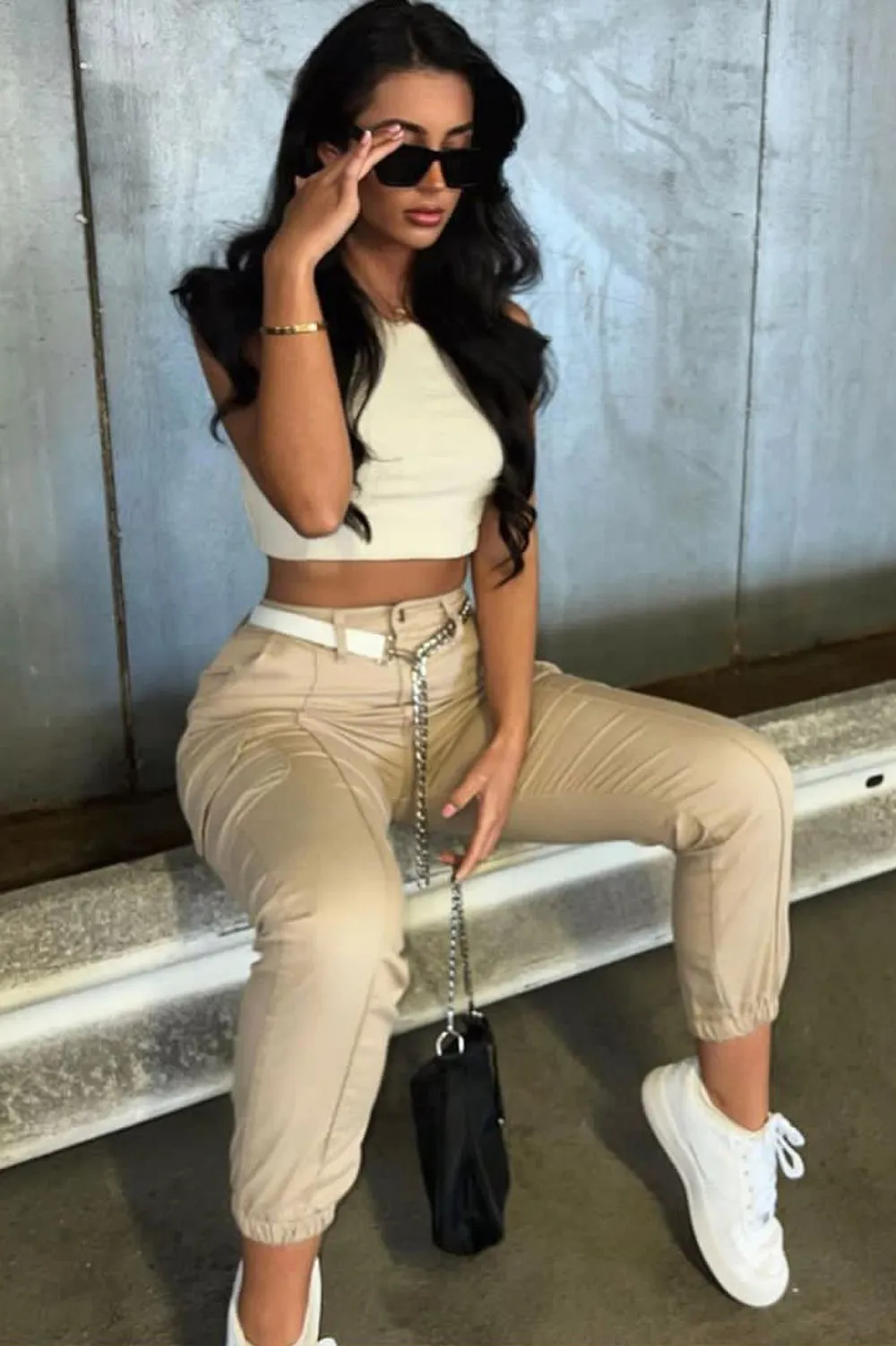 Ruby Beige Chain Detail Skinny Cargo Trousers sold by Lasula