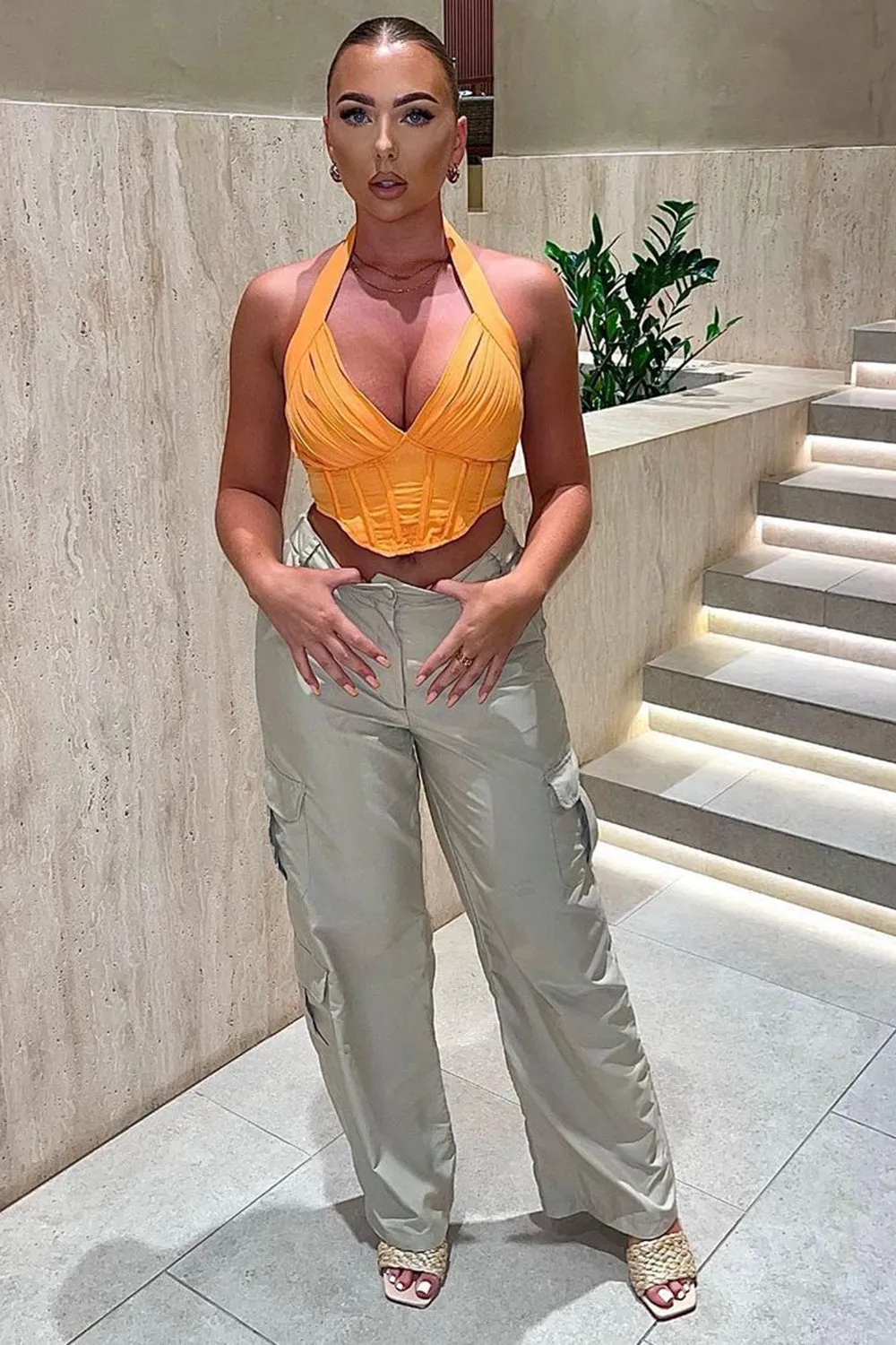 Bianca Beige Pocket Detail Wide Leg Cargo Trousers sold by Lasula product image thumbnail 5