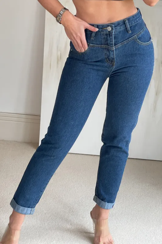 Jessica Blue Turn Up Seam Detail Denim Jeans made by Lasula
