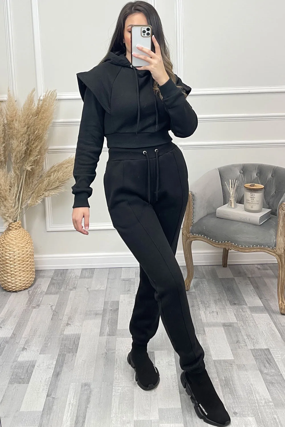 Alexa Black Flare Sleeve Cropped Hoodie and Joggers Tracksuit Set sold by Lasula product image thumbnail 4