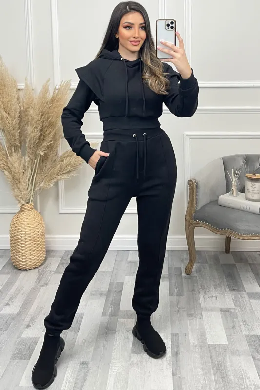 Alexa Black Flare Sleeve Cropped Hoodie and Joggers Tracksuit Set sold by Lasula