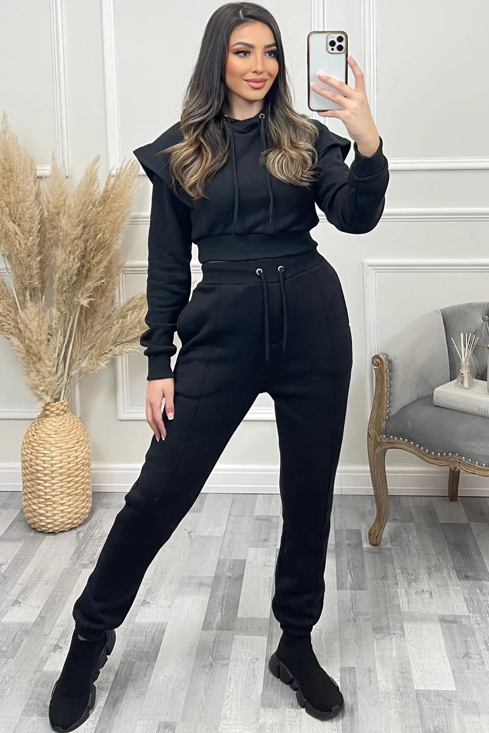 Alexa Black Flare Sleeve Cropped Hoodie and Joggers Tracksuit Set sold by Lasula product image thumbnail 2