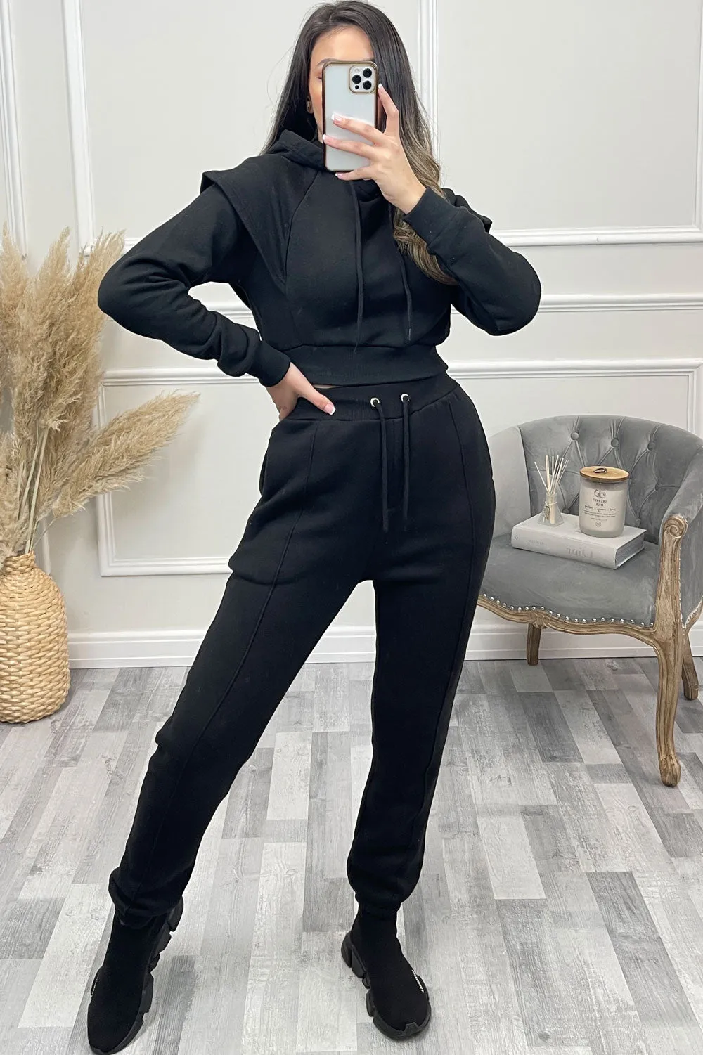 Alexa Black Flare Sleeve Cropped Hoodie and Joggers Tracksuit Set sold by Lasula product image thumbnail 3