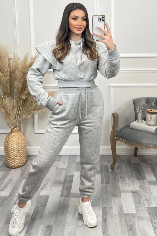 Alexa Grey Flare Sleeve Cropped Hoodie and Joggers Tracksuit Set sold by Lasula
