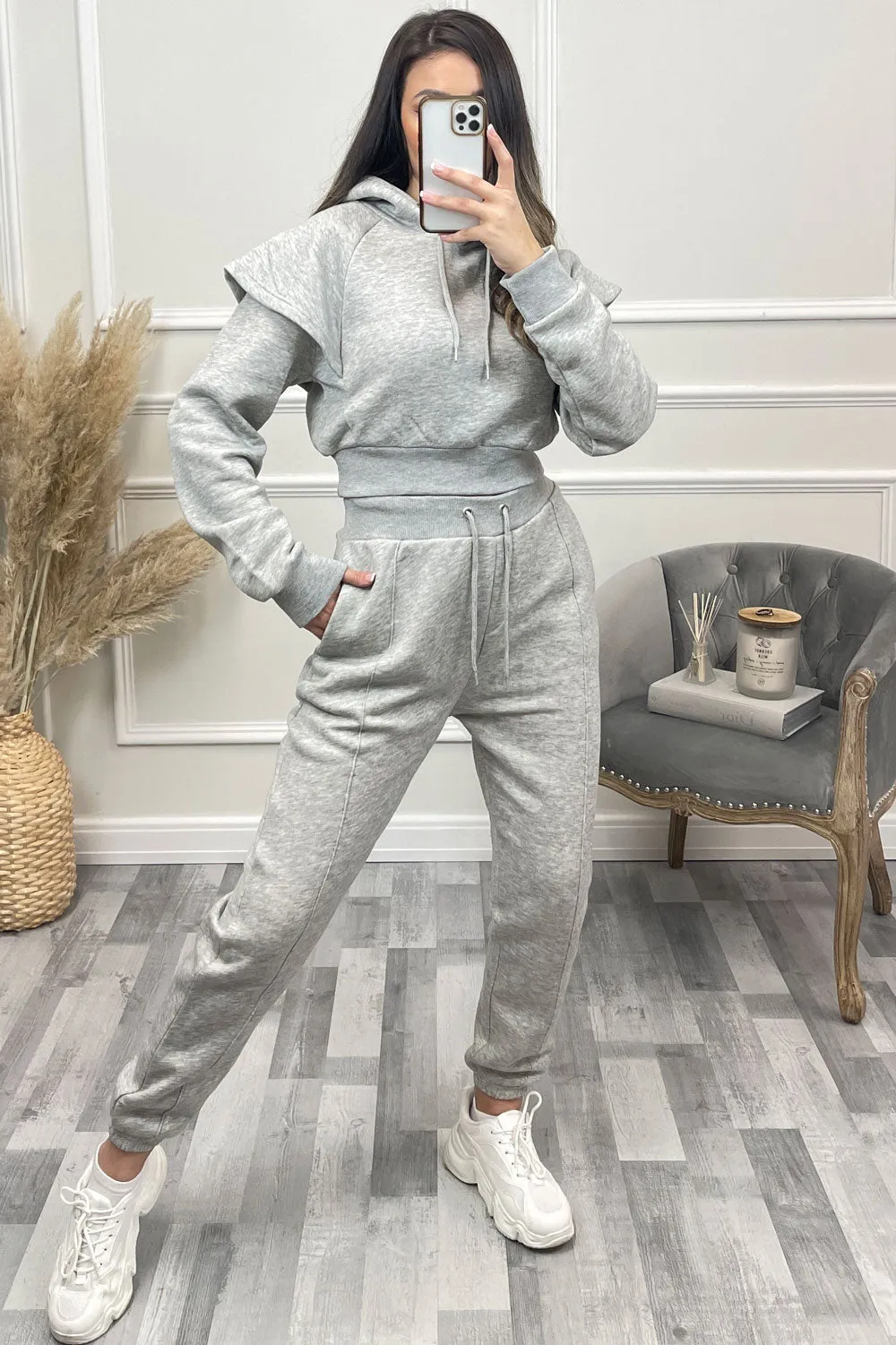 Alexa Grey Flare Sleeve Cropped Hoodie and Joggers Tracksuit Set sold by Lasula product image thumbnail 4