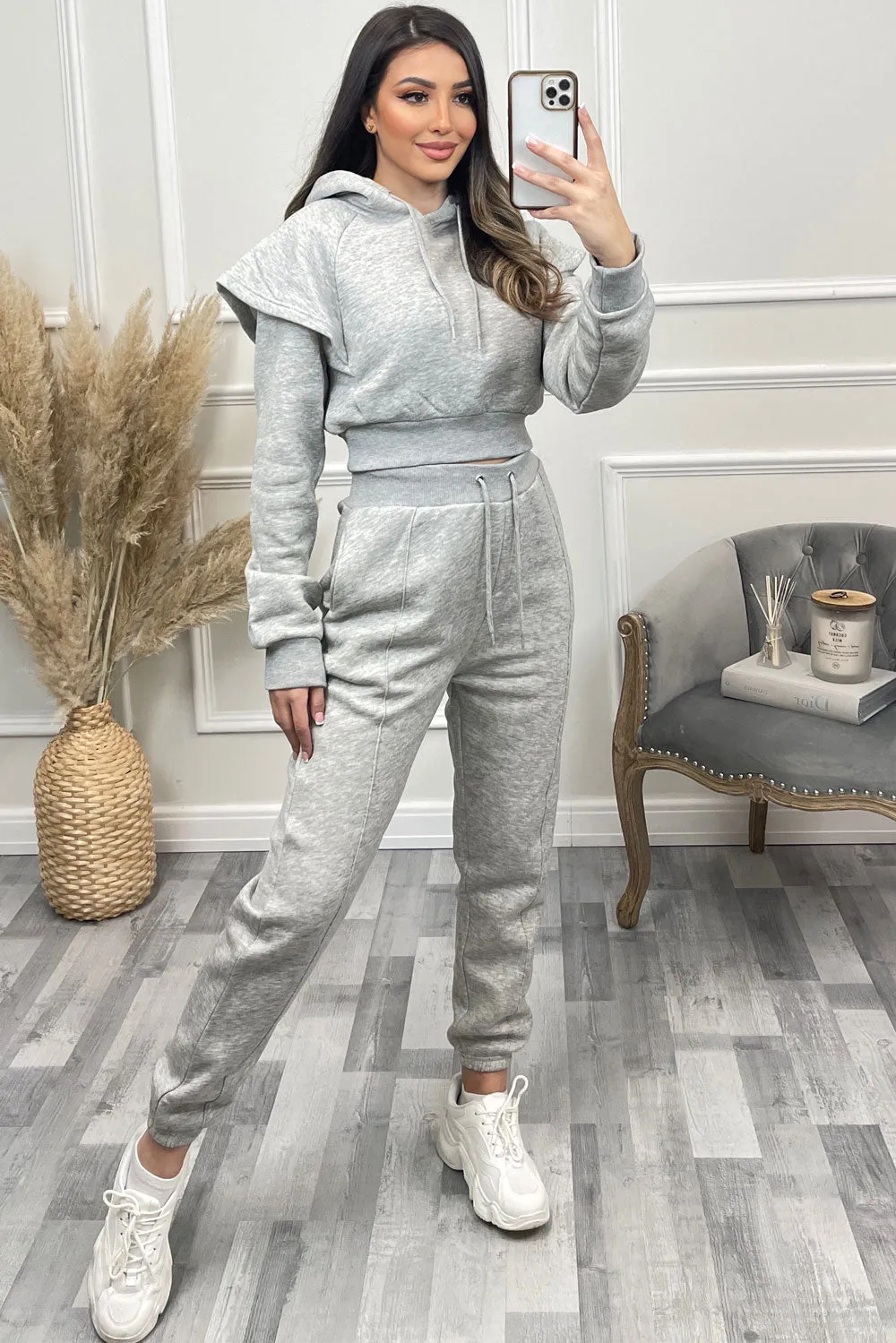 Alexa Grey Flare Sleeve Cropped Hoodie and Joggers Tracksuit Set sold by Lasula product image thumbnail 2
