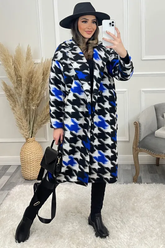 Mai Blue and White Multi Dogtooth Print Knitted Longline Coat made by Lasula
