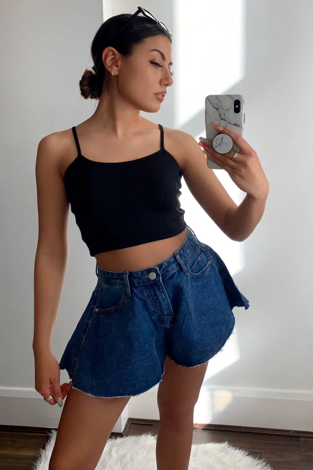 Martha Dark Blue Denim High Waisted Flared Shorts sold by Lasula product image thumbnail 2